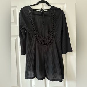 Black 3/4 sleeve shirt with crocheted open back